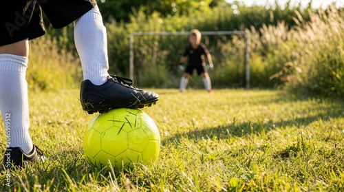 Foot in black cleat resting on yellow soccer ball on sunny grassy field.