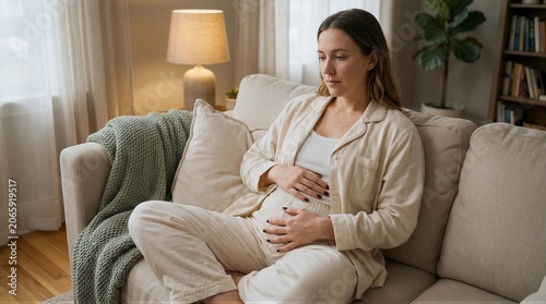 Expectant mother cradles her belly while sitting on a cozy sofa at home
