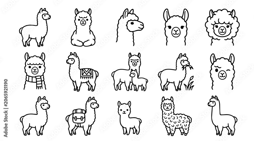 Fototapeta premium Adorable cartoon alpaca outline icon set