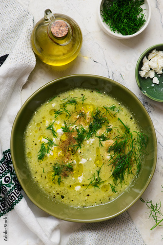 Greek Creamy Baked Zucchini Soup with Feta. top veiw