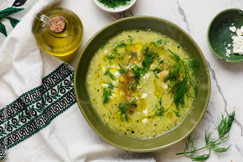 Greek Creamy Baked Zucchini Soup with Feta. top veiw