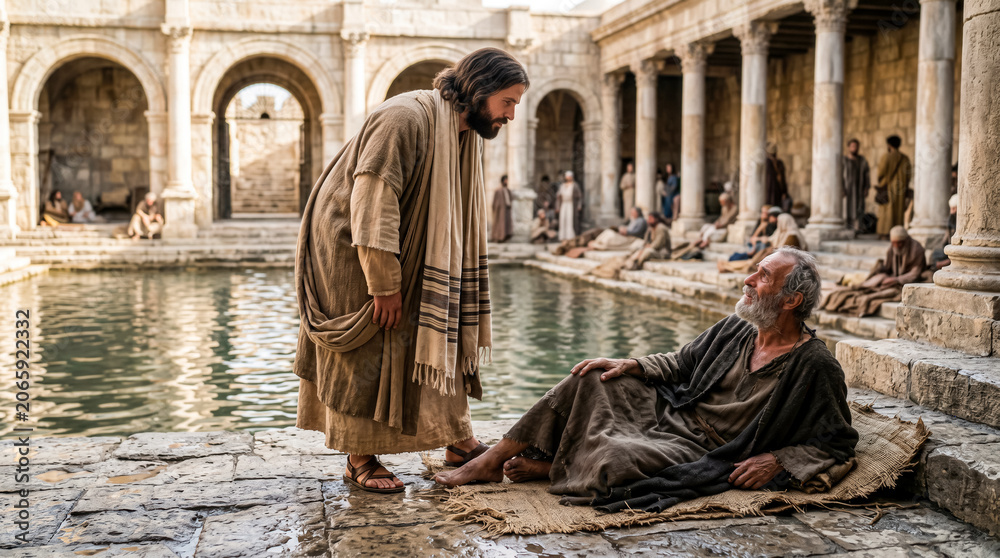 Obraz premium Jesus speaking with a sick man beside a pool of Bethesda.
