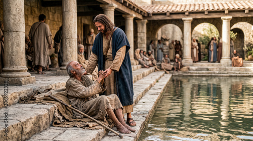 Jesus speaking with a sick man beside a pool of Bethesda.