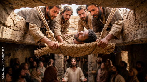 Four men lowering their paralyzed friend through a roof into a crowded house so that Jesus can heal him.