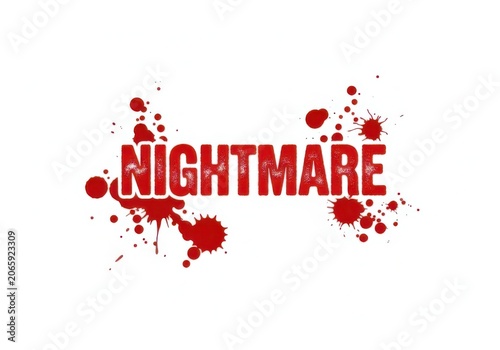 Nightmare text sign with red blood splatter and messy ink drops for horror isolated on white background