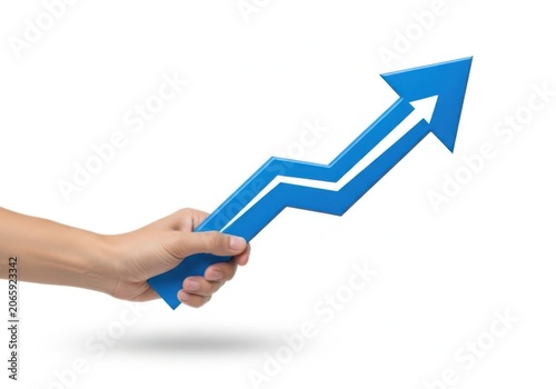 A hand holding a blue arrow pointing up to show growth and business success isolated on white background
