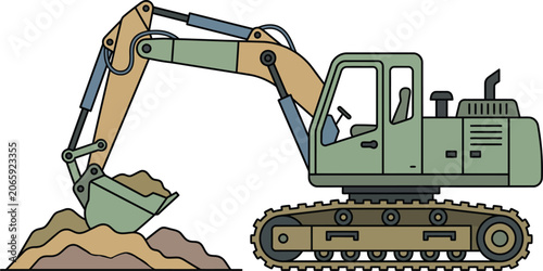 Green Excavator Construction Machine Digging Soil Heavy Equipment Vector Illustration