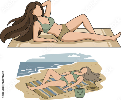 Faceless Woman Sunbathing on Towel at Beach Summer Relaxation Flat Vector Illustration