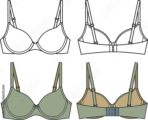 Technical Fashion Flat Sketch of Underwire Bra Front and Back View Lingerie Design Illustration