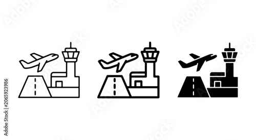 Cuadro en lienzo Airport Icons Set: Air Traffic Control Tower, Airplane Takeoff, Landing Strip, V