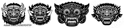 Cuadro en lienzo Traditional Balinese Barong mask faces in vintage woodcut engraving style