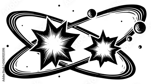Tableau sur toile Cosmic explosion and stars colliding with planetary orbits in vintage woodcut st