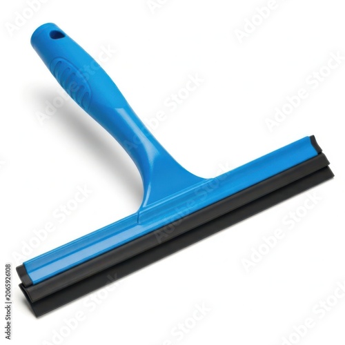 Blue plastic window squeegee tool for cleaning glass and household surfaces isolated on white background