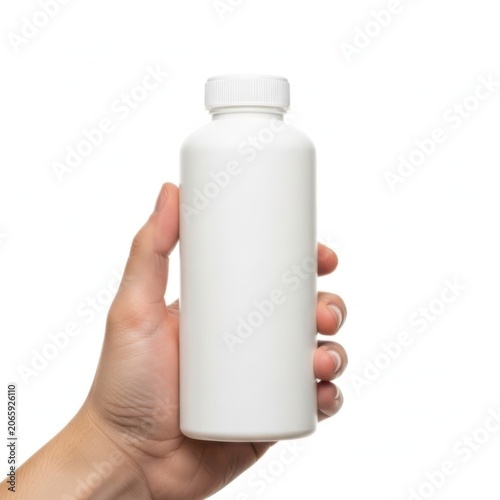 A person holding a small white plastic bottle for health supplements or liquid isolated on white background