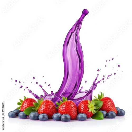 Fresh strawberries and blueberries with a dynamic purple fruit juice splash isolated on white background