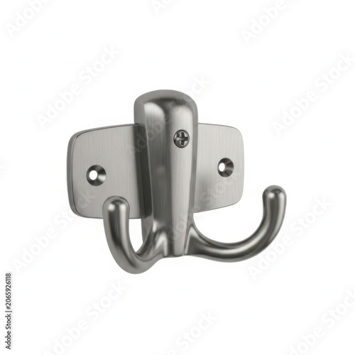 A shiny chrome metal double wall hook for hanging clothes and towels at home isolated on white background