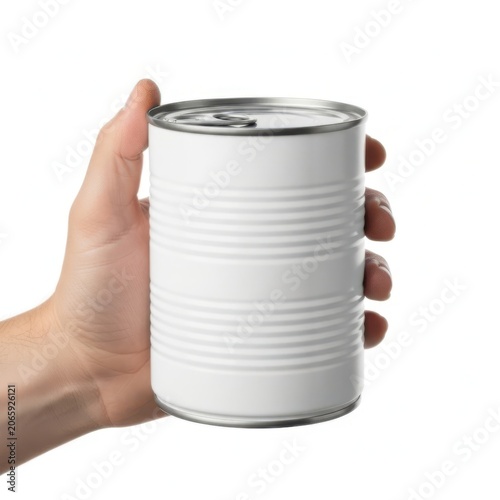 A hand holding a blank metal tin can for food products and pantry supplies isolated on white background