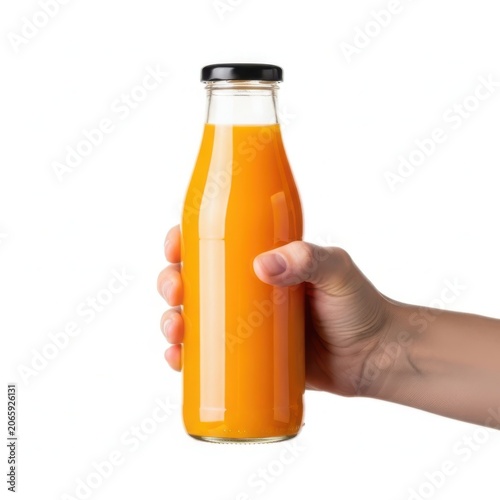 A hand holding a clear glass bottle filled with fresh orange fruit juice drink isolated on white background