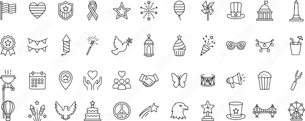 Naklejka premium Independence Day Outline Icons Set – Modern Black Line Patriotic Symbol Collection, Editable Vector UI UX Icon Pack Isolated on White Background