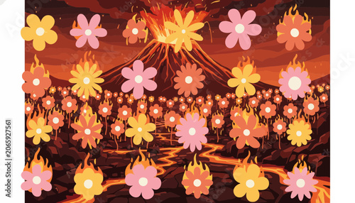 Tableau sur toile Floral ornament with erupting volcano vector illustration in warm tones