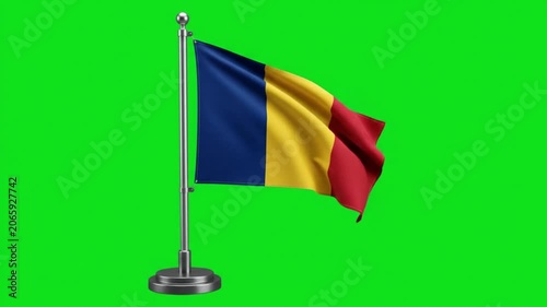 Romania National Flag Waving on Desk Pole Stand Against Green Screen Background for Global Projects