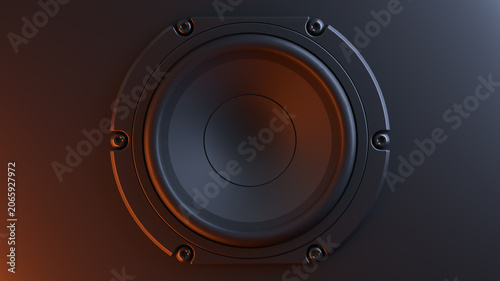 Foto Premium black audio speaker close up with orange and blue light accents