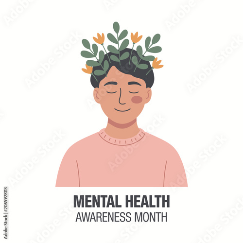 Person with flowers and leaves growing from head and text mental health awareness month