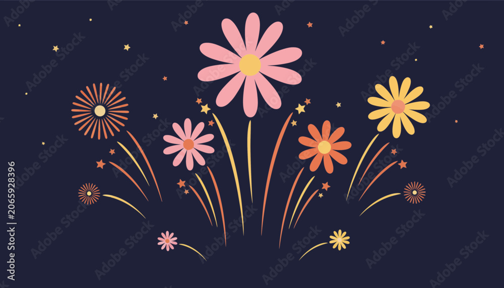 Fototapeta premium Floral ornament with stylized fireworks and scattered stars on a dark background