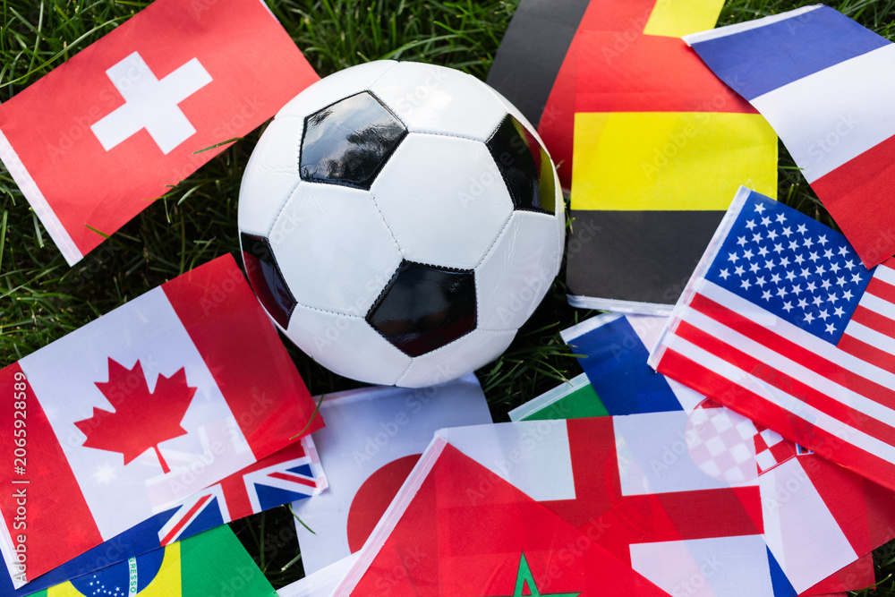 Naklejka premium classic fsoccer ball on world flags in grass