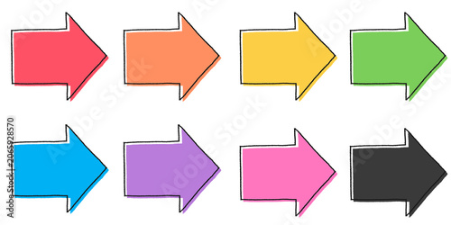 Misregistration style arrow icon with hand-drawn outline, color offset effect set　版ズレ風矢印アイコン　手描き線画　色ズレ　ポップ　セット