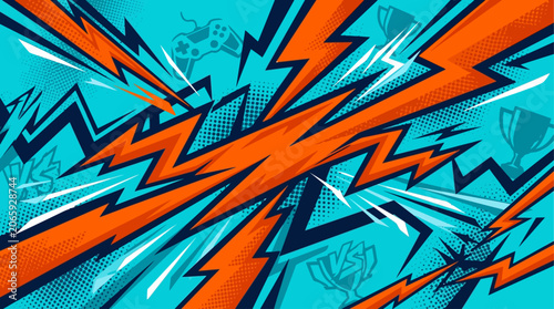 Fotografie Vibrant orange and blue lightning bolts explode in a dynamic graphic illustration
