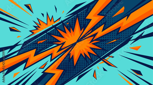 Tableau sur toile Vibrant orange and blue comic book-style explosion occurs in graphic design