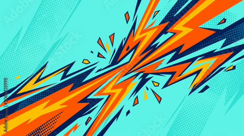 Foto Vibrant orange and blue lightning bolts explode across a teal background
