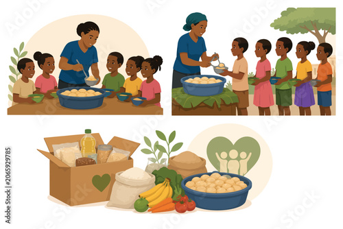 Tableau sur toile Vsai woman serving food to children, food donation concept