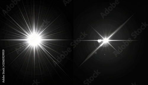 Two bright white light flares shine sharply against a stark black background