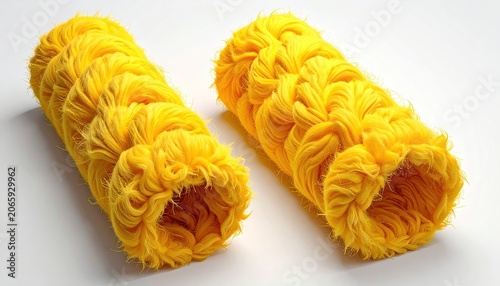 Two bright yellow, cylindrical, textured fuzzy objects on a white surface, eye-level shot