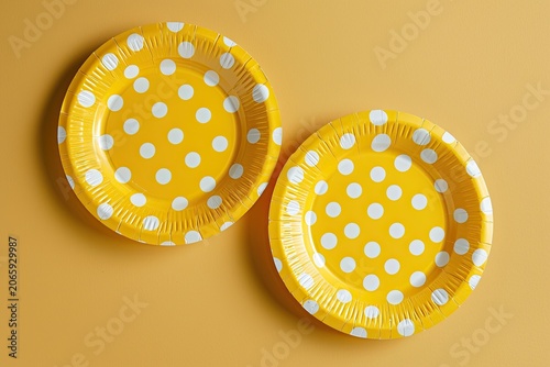 Two bright yellow polka-dotted paper plates on a contrasting mustard-colored background