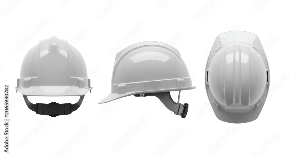 Fototapeta premium Three views including front side and top perspectives of a clean white industrial safety hard hat featuring adjustable suspension system&nbsp;