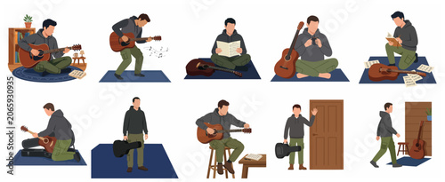 Fotografie Young Man Playing Acoustic Guitar and Songwriting Character Set