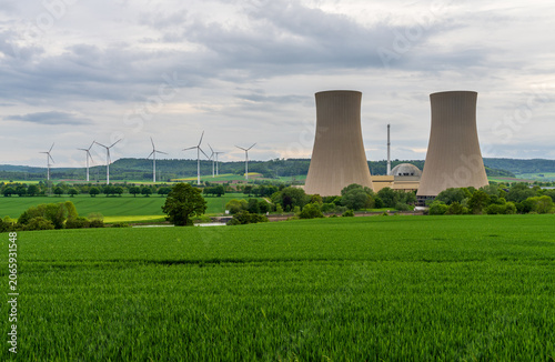 Bild auf Leinwand Grohnde Nuclear Power Plant in Germany, cooling towers and a reactor dome with t