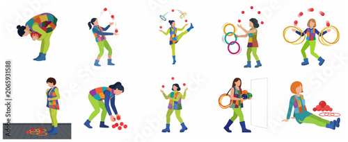 Billede på lærred Set of circus female performers juggling balls and rings in colorful costumes