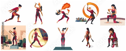 Obraz na plátně Professional Female Fire Breather and Circus Performer Vector Character Illustra