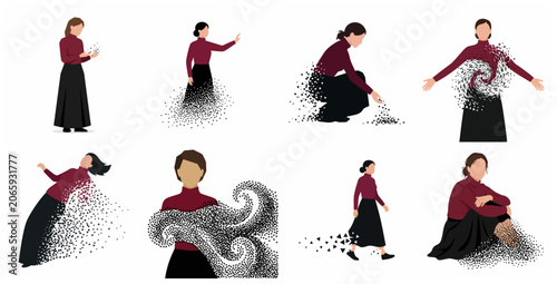 Obraz na plátně Woman dissolving into particles vector illustration set, dispersion effect for m