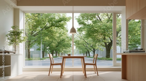 Modern minimalist dining room with large window looking out to lush green trees along a quiet street