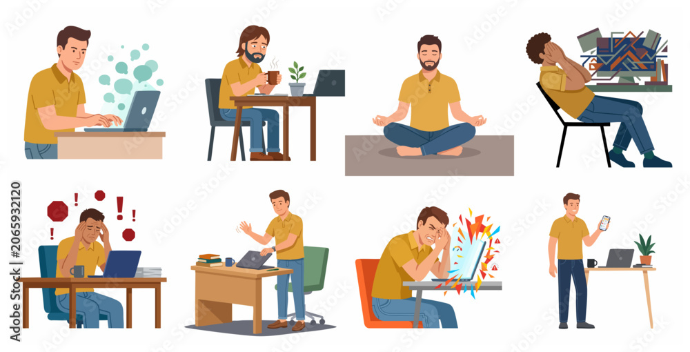Fototapeta premium Professional man character set illustrating various work scenarios including stress, burnout, productivity, and mindfulness in a home office environment.