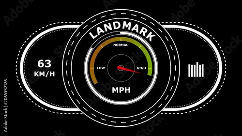 Digital speedometer interface with the word landmark displayed on a circular gauge showing speed metrics in kilometers and miles per hour on black