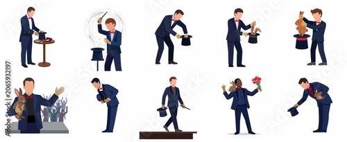 Cuadro en lienzo Professional Magician Character Vector Set Performing Various Magic Tricks with