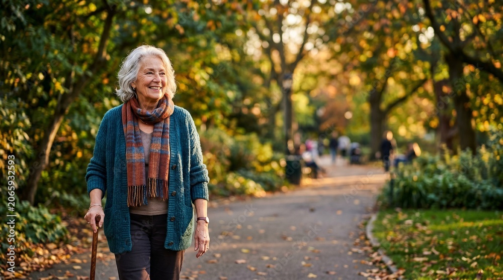 Obraz premium An elderly woman smiles serenely during a walk in an urban park, golden late afternoon lighting, lush vegetation blurred in the background, an atmosphere of well-being and vitality.