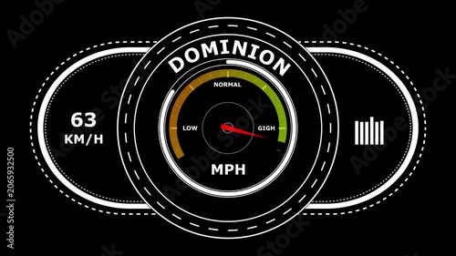 Digital dashboard interface featuring a circular speedometer gauge with the word dominion displayed at the and speed indicators in kilometers and