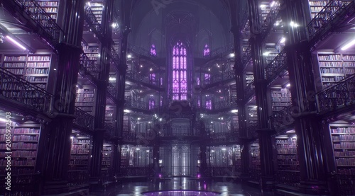 Grand Library of Whispers - A Gothic Cyberpunk Sanctuary.